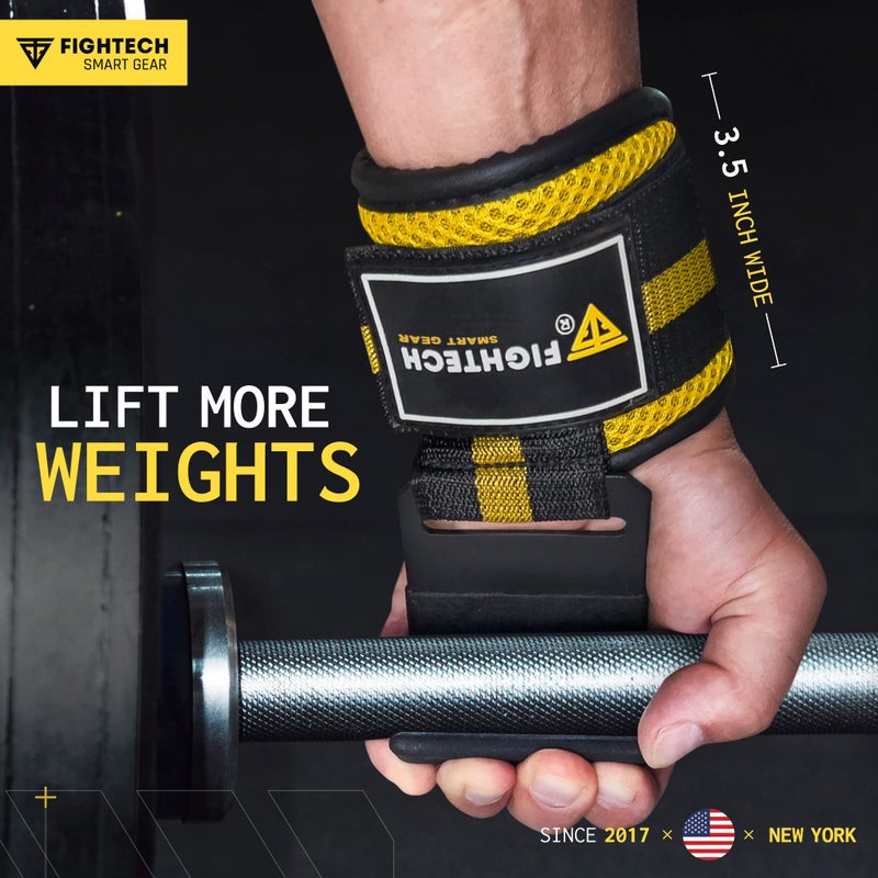 FIGHTECH Premium Weight Lifting Hooks (Pair) - Heavy Duty Hand Grip and Wrist Straps Support - 9 mm Neoprene Padded for Deadlifts, Pull Ups, and Shrugs - Durable Workout Accessories for Men and Women (YEL) - Image 3